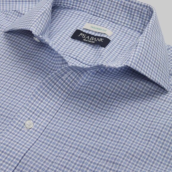 Jos. A. Bank Traveler Men’s Dress Shirt Tailored Fit 16-33 Blue Check Spread - Picture 2 of 16